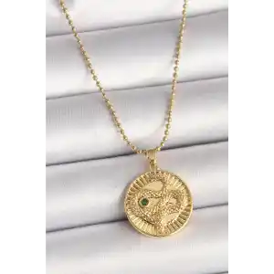 316L Çelik Gold Renk Topçuk Zincir Yılan İşlemeli Zirkon Taş Detaylı Madalyon Model Kadın Kolye