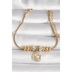 316L Çelik Gold Renk Tüp Zincir Zirkon Taş Detaylı Sallantı Ay Yıldız Figür Kadın Bileklik