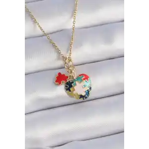 316L Çelik Gold Renk Yapboz Motif Kalp Figür Charm Model Kadın Kolye