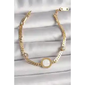 316L Çelik Gold Renk Yassı Zincir Model Zirkon Taş Detaylı Beyaz Mineli Madalyon Model Kadın Bileklik