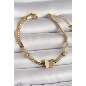 316L Çelik Gold Renk Yassı Zincir Zirkon Taşlı Simli Kelebek Figür Kadın Bileklik