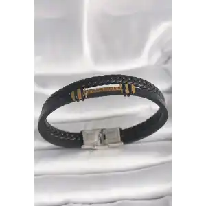 316L Çelik Gold Renk ZikZak İşlemeli Aksesuarlı Çift Sıra Burgu Desenli Deri Kordon Erkek Bileklik