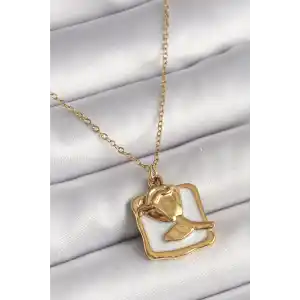 316L Çelik Gold Renk Zincir Beyaz Mineli Gül Portre Model Kadın Kolye