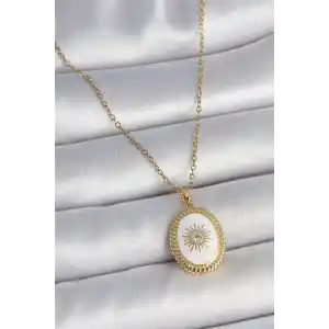 316L Çelik Gold Renk Zincir Beyaz Mineli Güneş İşlemeli Zirkon Taş Detaylı Madalyon Model Kadın Kolye