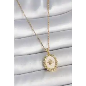 316L Çelik Gold Renk Zincir Beyaz Mineli Kutup Yıldız İşlemeli Madalyon Model Kadın Kolye
