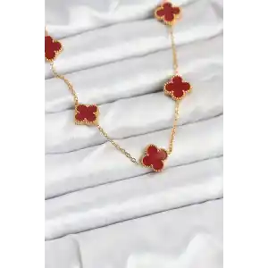316L Çelik Gold Renk Zincir Bordo Yonca Kadın Kolye