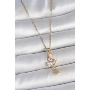 316L Çelik Gold Renk Zincir Damla Zirkon Taşlı Kelebek Model Sallantı Detay Kadın Kolye