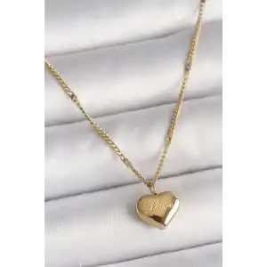 316L Çelik Gold Renk Zincir Love İşlemeli Kalp Figür Kadın Kolye