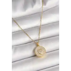 316L Çelik Gold Renk Zincir Madalyon Zirkon Taşlı Kalp Model Kadın Kolye