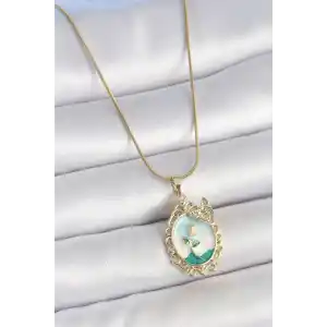 316L Çelik Gold Renk Zincir Mavi Mineli Çiçek İşlemeli Zirkon Taş Detaylı Portre Model Kadın Kolye