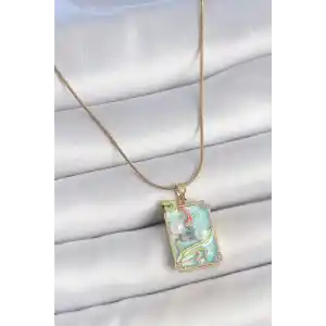 316L Çelik Gold Renk Zincir Mavi Mineli İncili Çiçek İşlemeli Portre Model Kadın Kolye