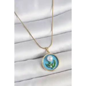 316L Çelik Gold Renk Zincir Mavi Mineli İncili Çiçek İşlemeli Portre Model Kadın Kolye