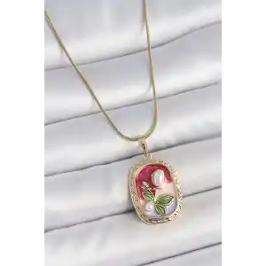 316L Çelik Gold Renk Zincir Mix Renk İncili Çiçek İşlemeli Portre Model Kadın Kolye