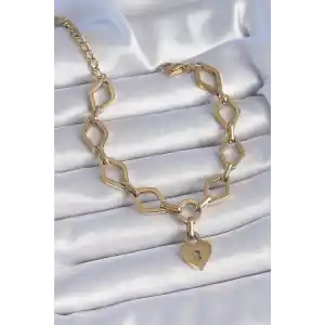 316L Çelik Gold Renk Zincir Model Kilit Kalp Figür Kadın Bileklik