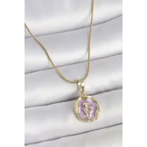 316L Çelik Gold Renk Zincir Mor Mineli Çiçek İşlemeli Portre Model Kadın Kolye