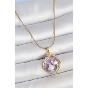 316L Çelik Gold Renk Zincir Mor Mineli İncili Çiçek İşlemeli Portre Model Kadın Kolye