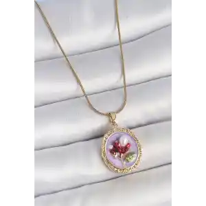 316L Çelik Gold Renk Zincir Mor Mineli İncili Çiçek İşlemeli Portre Model Kadın Kolye