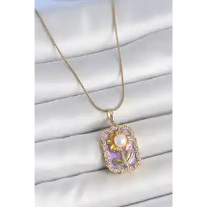 316L Çelik Gold Renk Zincir Mor Mineli İncili Papatya İşlemeli Portre Model Kadın Kolye