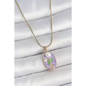 316L Çelik Gold Renk Zincir Mor Mineli Oval İncili Çiçek İşlemeli Portre Model Kadın Kolye