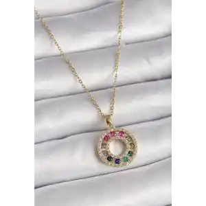 316L Çelik Gold Renk Zincir Renkli Zirkon Taşlı Madalyon Model Kadın Kolye