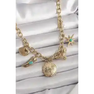 316L Çelik Gold Renk Zincir Sallantılı Çoklu Figür Model Kadın Kolye
