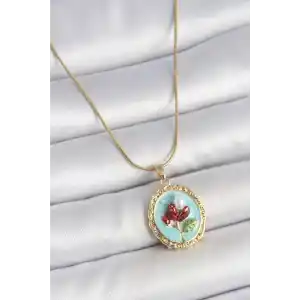 316L Çelik Gold Renk Zincir Turkuaz Mineli İncili Çiçek İşlemeli Portre Model Kadın Kolye