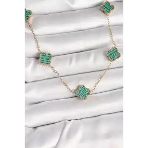 316L Çelik Gold Renk Zincir Yeşil Yonca Model Kadın Kolye