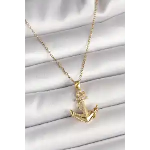 316L Çelik Gold Renk Zincir Zirkon Taş Detaylı Çapa Model Kadın Kolye