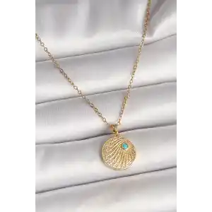 316L Çelik Gold Renk Zincir Zirkon Taş İşlemeli Mavi Taş Detaylı Madalyon Model Kadın Kolye