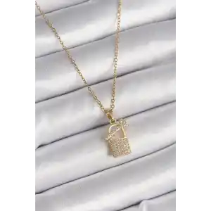 316L Çelik Gold Renk Zincir Zirkon Taşlı Asma Kilit Anahtar Model Kadın Kolye