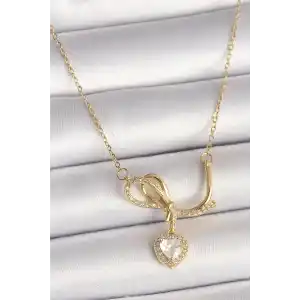 316L Çelik Gold Renk Zincir Zirkon Taşlı Düğüm Sallantı Kalp Model Kadın Kolye