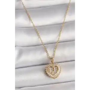 316L Çelik Gold Renk Zincir Zirkon Taşlı Kalp Model Kadın Kolye