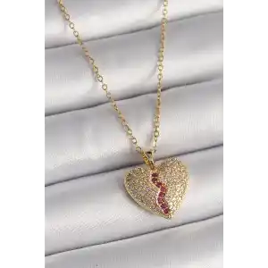316L Çelik Gold Renk Zincir Zirkon Taşlı Kalp Model Kadın Kolye