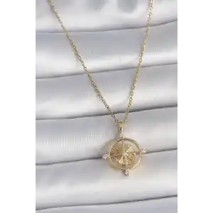 316L Çelik Gold Renk Zincir Zirkon Taşlı Pusula Model Kadın Kolye