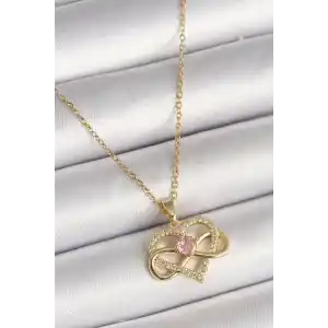 316L Çelik Gold Renk Zincir Zirkon Taşlı Sonsuzluk Kalp Model Kadın Kolye
