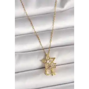 316L Çelik Gold Renk Zincir Zirkon Taşlı Yıldız Model Sallanı Ay Yıldız Detay Kadın Kolye