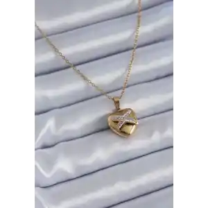 316L Çelik Gold Renk Zirkon Detay Kalp Model Kadın Kolye