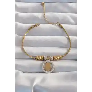 316L Çelik Gold Renk Zirkon Taş Aksesuarlı Fatma Ana Eli Bileklik