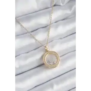 316L Çelik Gold Renk Zirkon Taş Detay Ay Yıldız Fanus Model Kadın Kolye