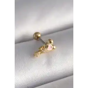 316L Çelik Gold Renk Zirkon Taş Detay Pembe Kalp İşleme Tragus Piercing