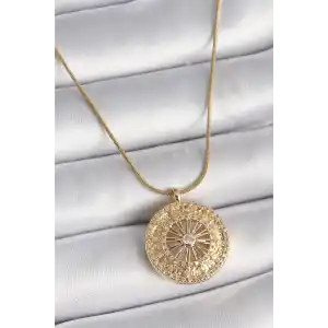 316L Çelik Gold Renk Zirkon Taşlı 12 Burç Madalyon Model Kadın Kolye
