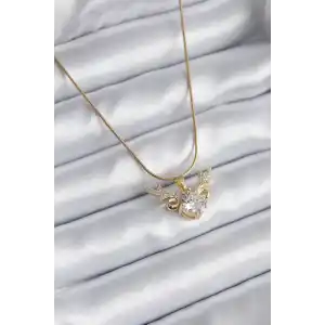 316L Çelik Gold Renk Zirkon Taşlı Boynuz Model Kadın Kolye