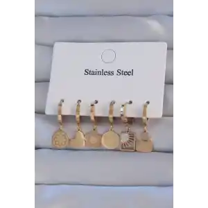 316L Çelik Gold Renk Zirkon Taşlı Çiçek Figürlü Kalp Model Halka Küpe Seti