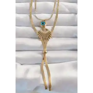 316L Çelik Gold Renk Zirkon Taşlı Göz Detay Nazarlı Uzun Asansör Model Kolye