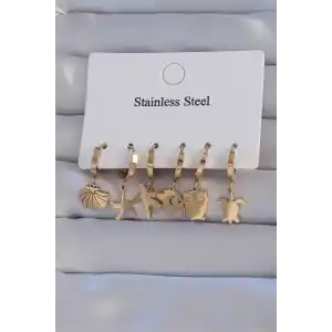 316L Çelik Gold Renk Zirkon Taşlı Hayvan Figürlü Deniz Yıldızı Model Halka Küpe Seti