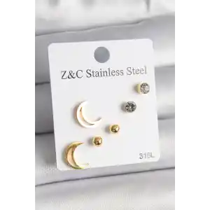 316L Çelik Gold Renk Zirkon Taşlı Hilal Model Kadın Küpe Seti