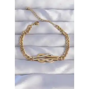 316L Çelik Gold Renk Zirkon Taşlı Kemer Tokası Model Zincir Bileklik