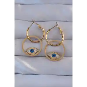 316L Çelik Gold Renk Zirkon Taşlı Mavi Göz Tasarımlı Halka Küpe