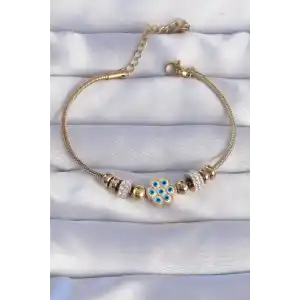 316L Çelik Gold Renk Zirkon Taşlı Nazarlı Çiçek Tasarımlı Bileklik