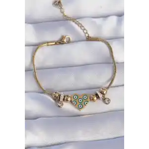 316L Çelik Gold Renk Zirkon Taşlı Nazarlı Kalp Tasarımlı Bileklik